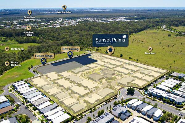 Sunset Palms Retirement Living aerial of community showing local surrounds