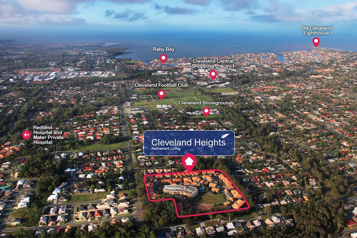 Cleveland Heights Retirement Living community aerial with nearby locations marked